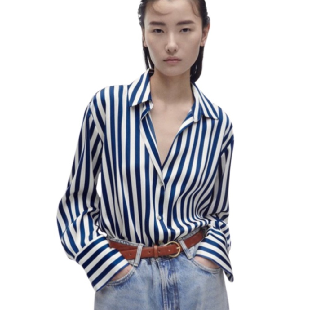 Zara Blue and White Striped Button Down Shirt